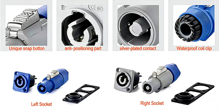 YF24 features a unique snap‑in button, anti‑displacement components, silver‑plated contacts, and waterproof cable grommets.