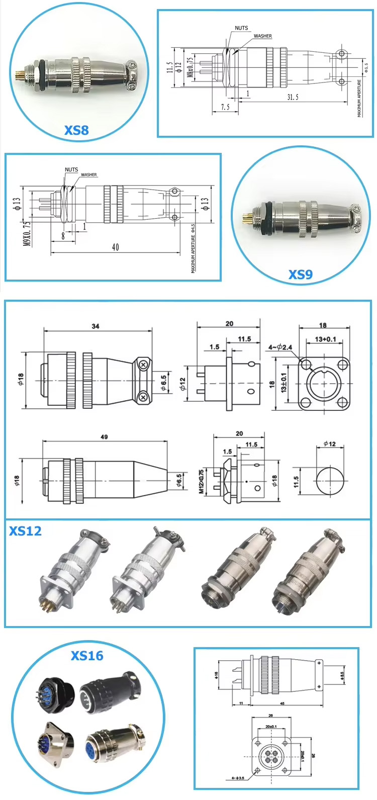 XS8/XS12/XS16 Complete XS Series Detailed Dimensions Overview