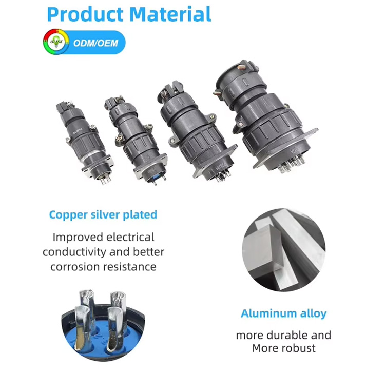 The pins of the OL-P metal connector are made of silver-plated copper, providing better conductivity and corrosion resistance. The housing is made of aluminum alloy, enhancing the product's impact resistance and fire resistance.