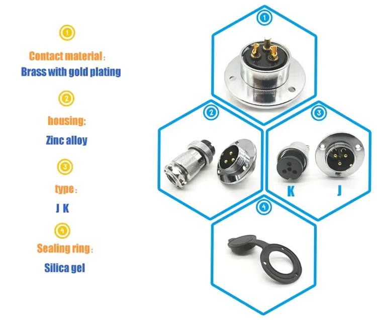 The OL-GX metal connector features gold-plated brass and silver-plated brass contacts, a zinc alloy housing, two types (J and K), and a silicone sealing ring