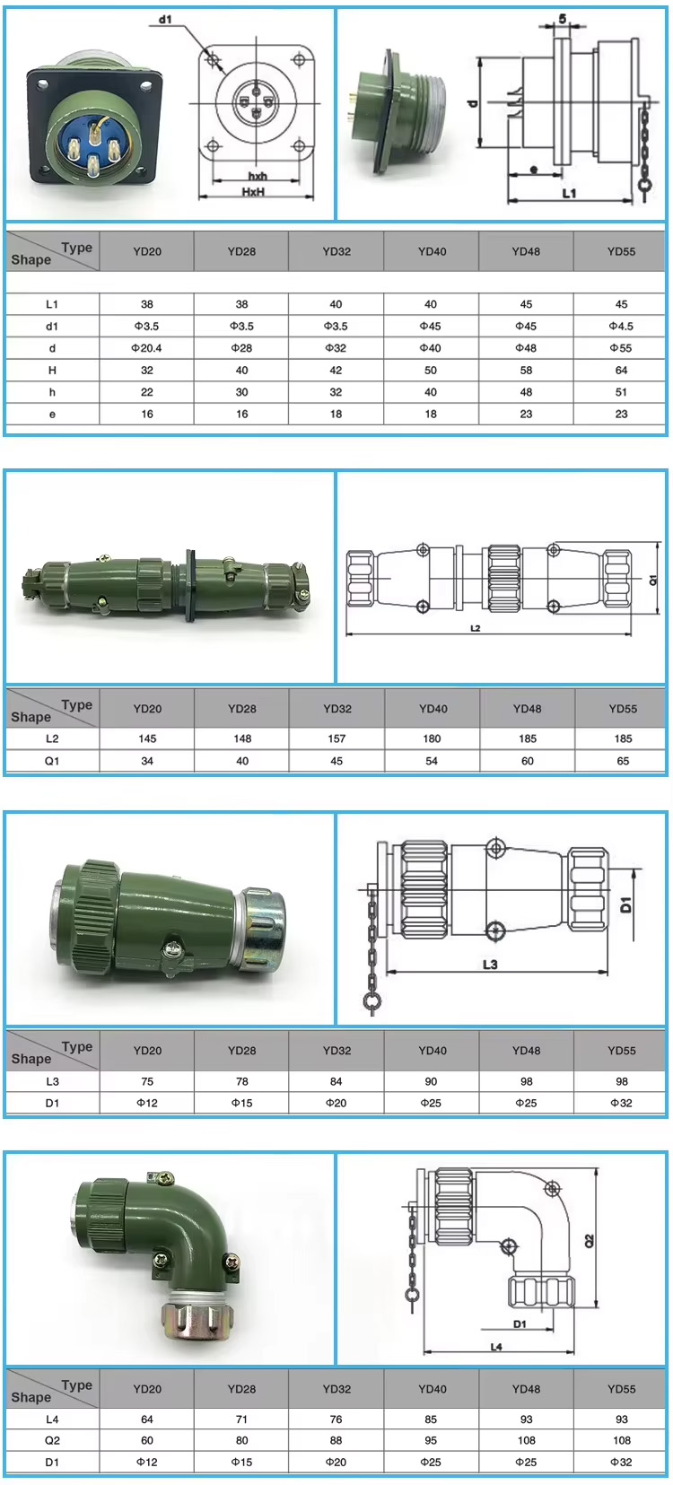 YD20, YD28, YD32, YD40, YD48, YD55: Detailed Dimensions and Drawings Display