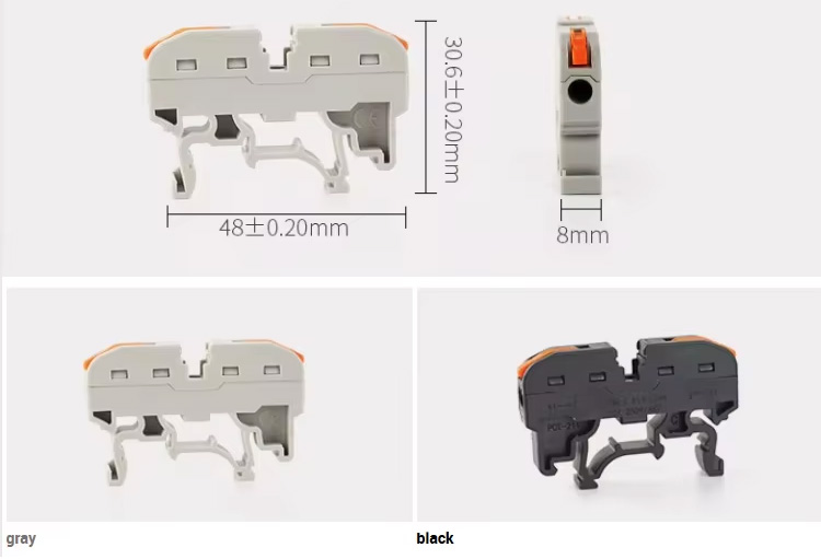 The PCT-222/PCT-223 wire connector is available in gray and black. It has a height of 30 mm and a width of 48 mm.