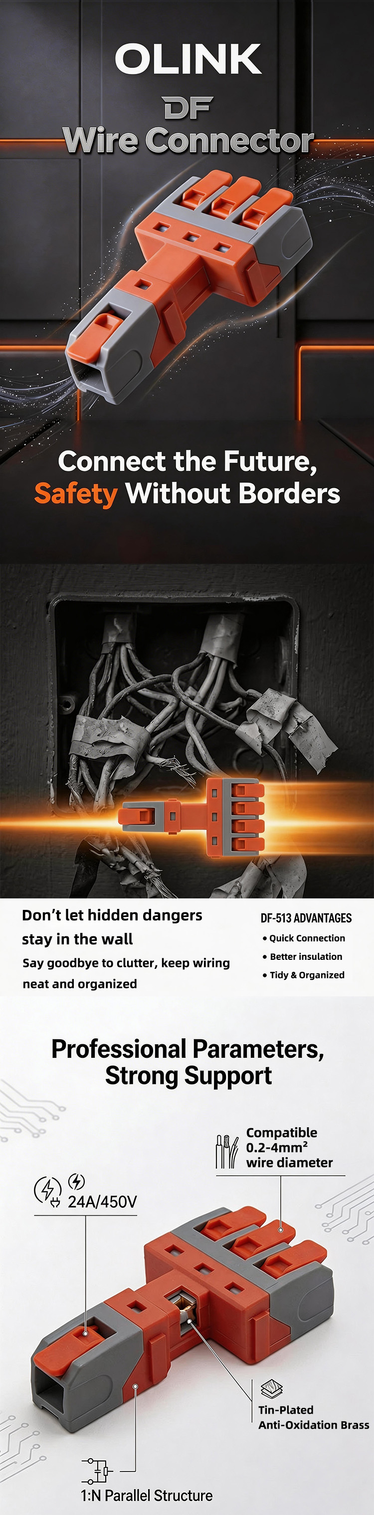 OLINK DF-513 quick push-in wire connector, 24A/450V rated, compatible with 0.2-4mm² wires, featuring tin-plated anti-oxidation brass contacts and 1:N parallel structure for safe, tidy wiring.