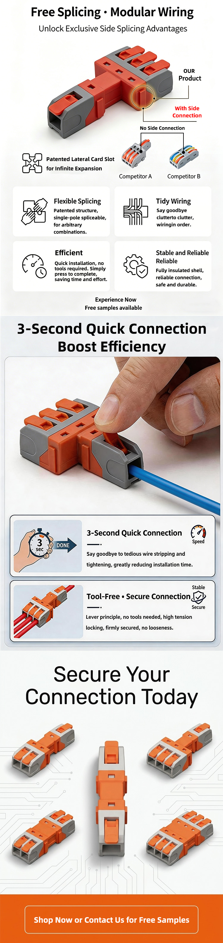 OLINK DF Series Wire Connector with patented side-splicing modular design, supporting 3-second quick tool-free installation, flexible expansion, tidy wiring and stable secure connection.