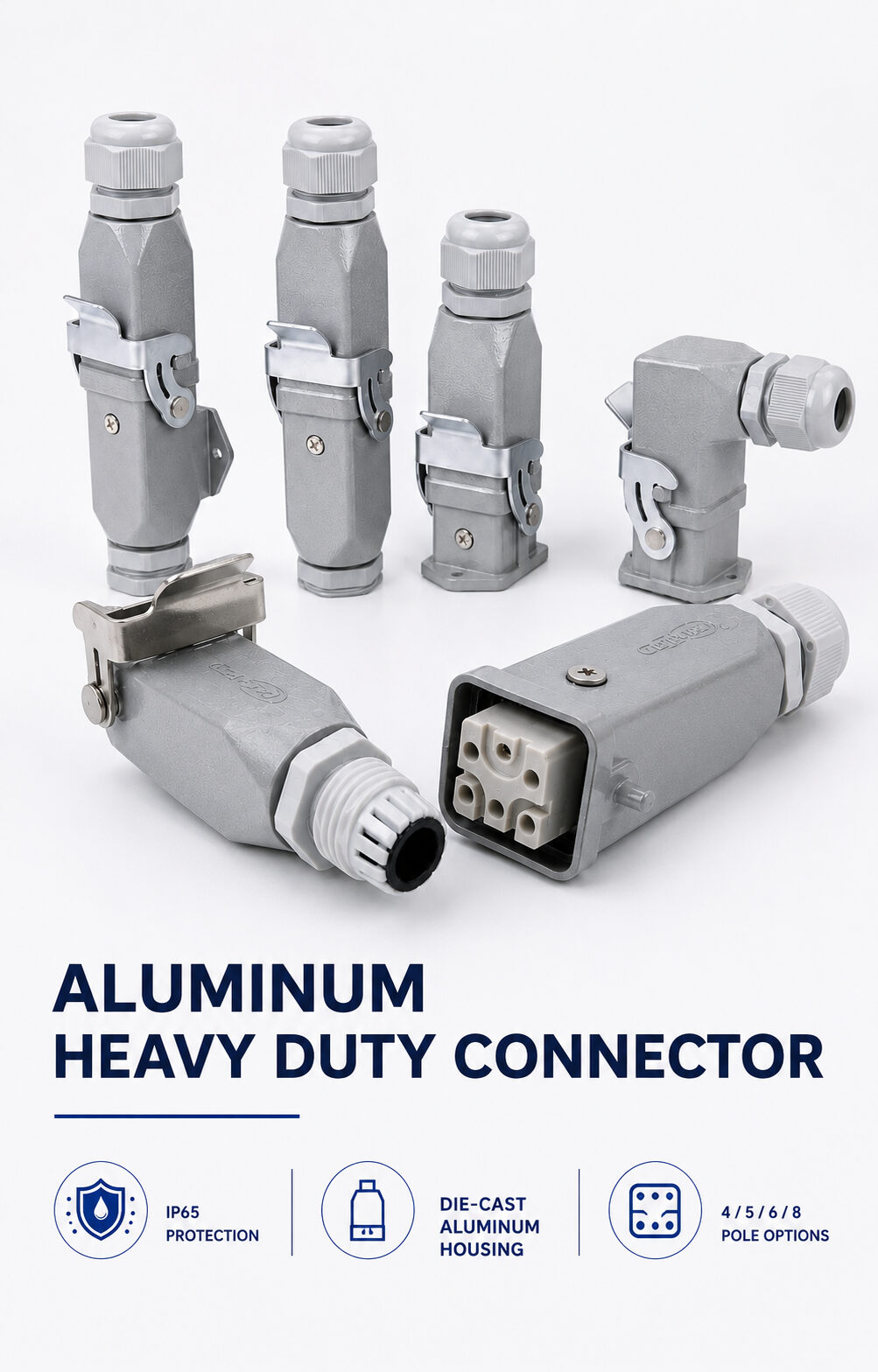 Aluminum heavy-duty connector with IP65 protection and 4-, 5-, 6-, and 8-pole options
