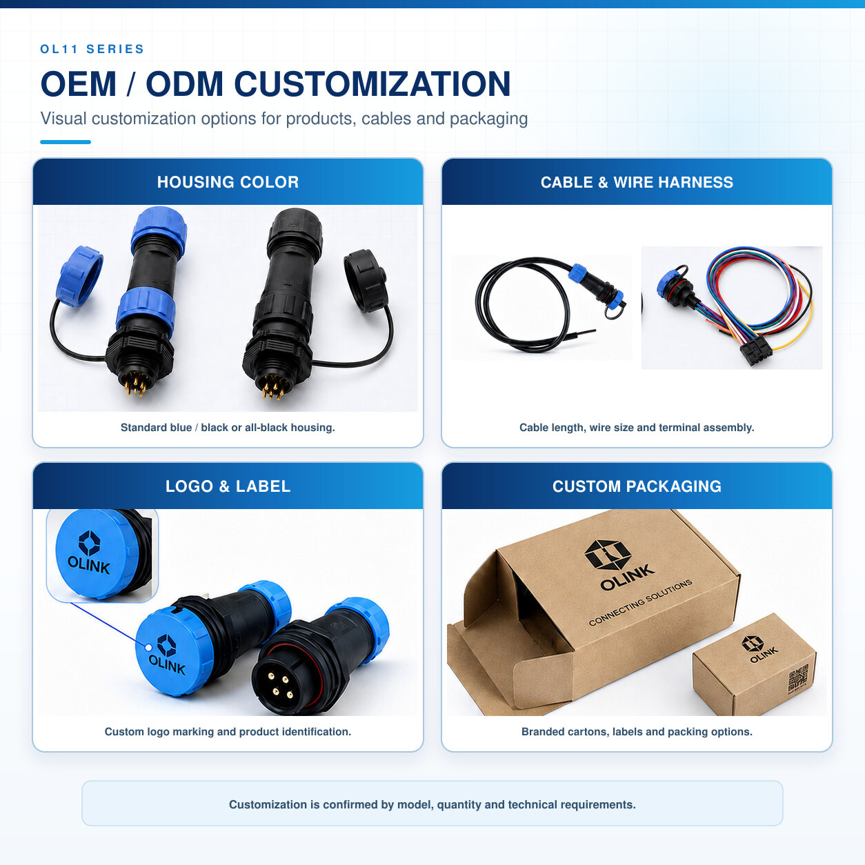 OL11 OEM/ODM options for housing, cables, wire harnesses, logos and packaging.