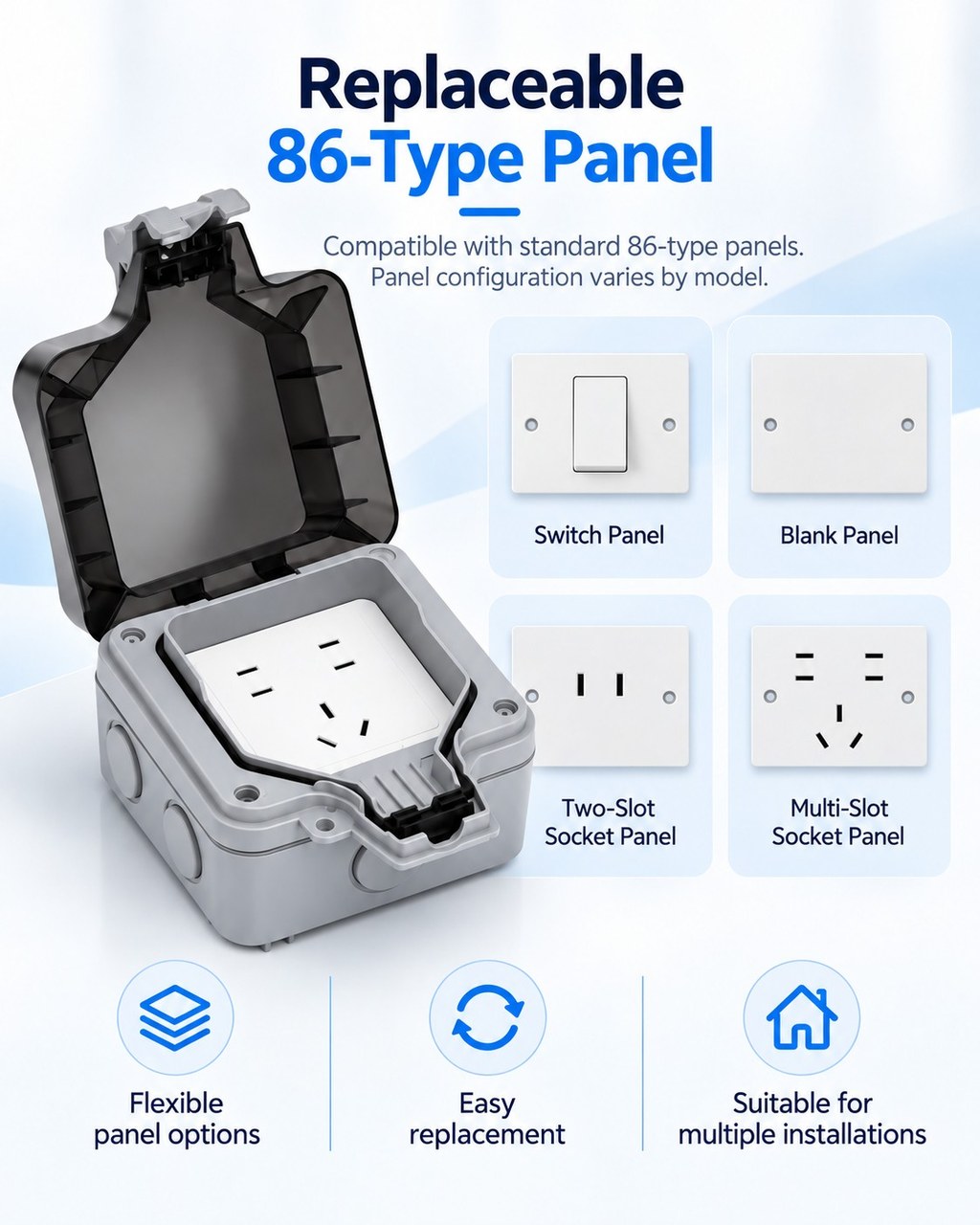 Replaceable 86-Type panel design supporting different socket and switch configurations for various installation needs.