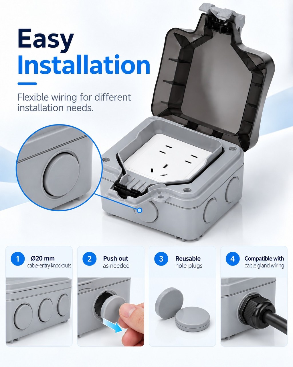 Waterproof socket box with Ø20 mm cable-entry knockouts and reusable hole plugs for flexible wiring installation.