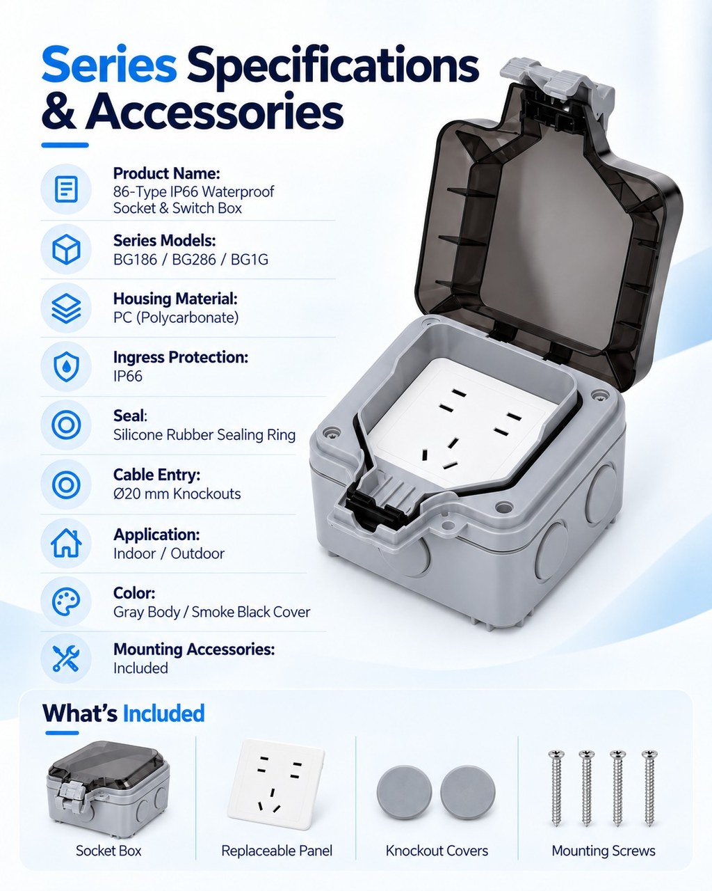 BG series waterproof socket and switch box specifications, materials, cable entry and included mounting accessories.
