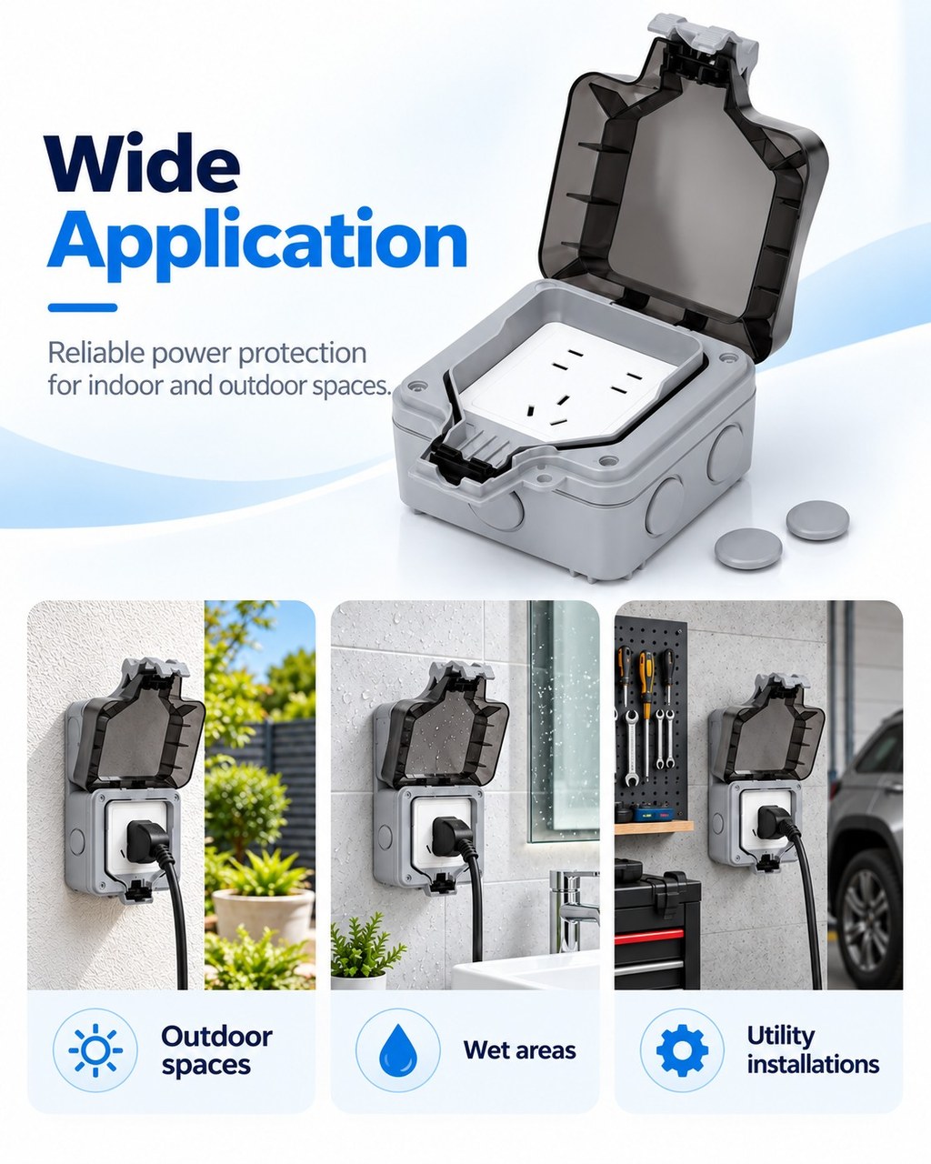 Waterproof socket box applications for outdoor spaces, wet areas, garages, workshops and utility installations.