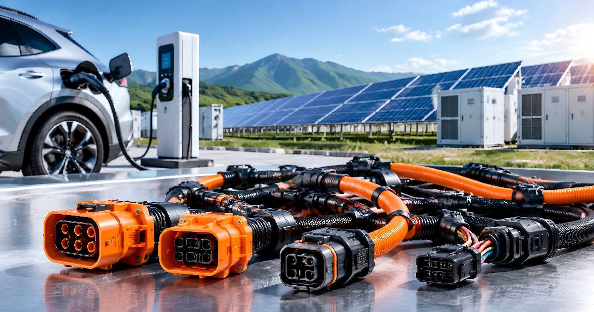 Insert an image showing EV wire harnesses or a solar farm installation.