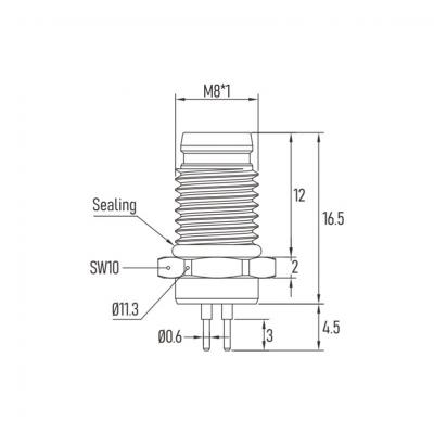 M8 3Pin male panel mount connector, PCB contacts, front side fastening